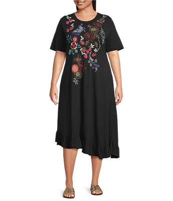 JOHNNY WAS Plus Size Cora Embroidered Floral Cotton Knit Crew Neck Short Sleeve Asymmetrical Ruffle Hem Dress