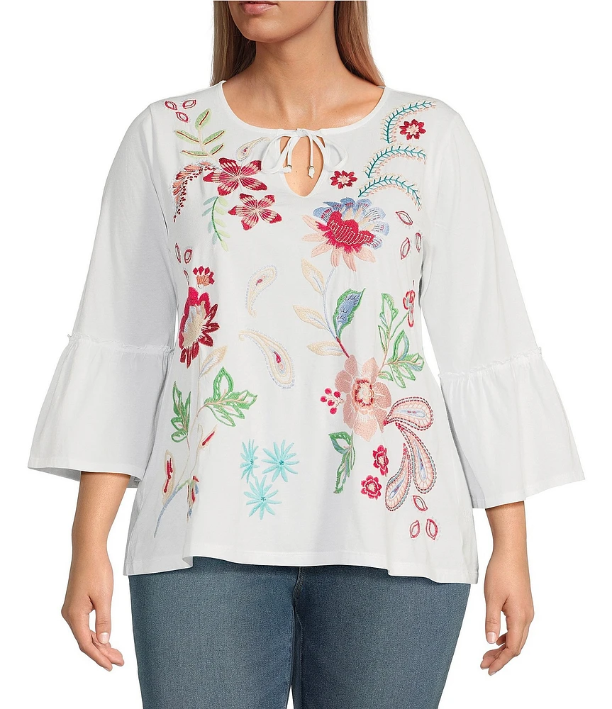 JOHNNY WAS Plus Size Embroidered Floral Split V-Neck 3/4 Ruffle Bell Sleeve Top