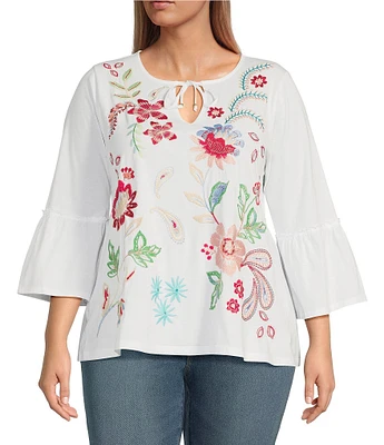 JOHNNY WAS Plus Size Embroidered Floral Split V-Neck 3/4 Ruffle Bell Sleeve Top