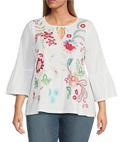 JOHNNY WAS Plus Size Embroidered Floral Split V-Neck 3/4 Ruffle Bell Sleeve Top