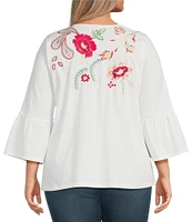 JOHNNY WAS Plus Size Embroidered Floral Split V-Neck 3/4 Ruffle Bell Sleeve Top