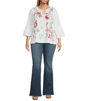 JOHNNY WAS Plus Size Embroidered Floral Split V-Neck 3/4 Ruffle Bell Sleeve Top