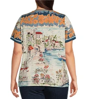 JOHNNY WAS Plus Size Janie Favorite Scenic Print Bamboo Knit Contrast Stripe V-Neck Short Sleeve Tee Shirt