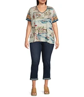 JOHNNY WAS Plus Size Janie Favorite Scenic Print Bamboo Knit Contrast Stripe V-Neck Short Sleeve Tee Shirt