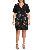 JOHNNY WAS Plus Size Knit Embroidered Floral V-Neck Short Sleeve Dress