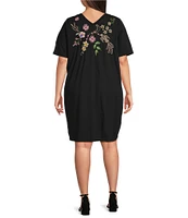 JOHNNY WAS Plus Size Knit Embroidered Floral V-Neck Short Sleeve Dress