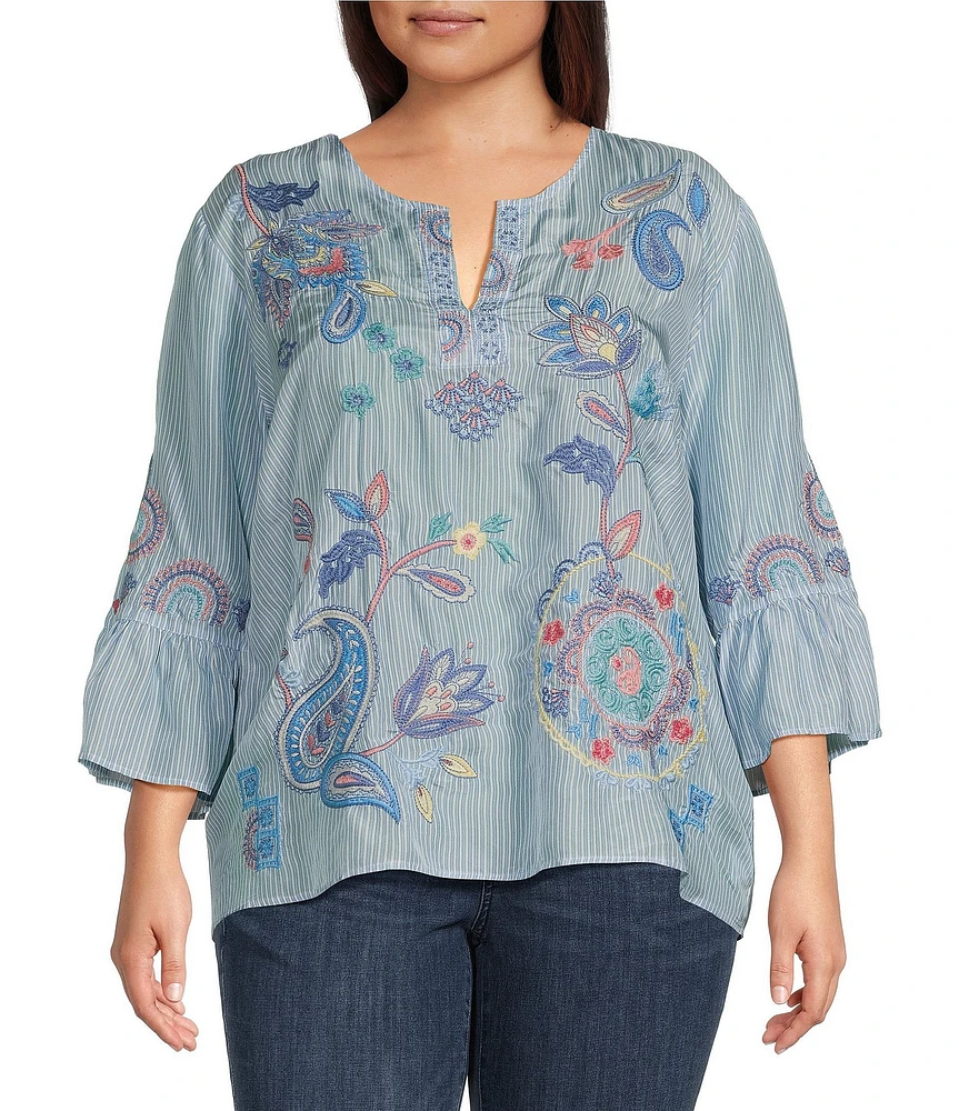 JOHNNY WAS Plus Size Neilly Silk Barine Stripe Split V-Neck 3/4 Ruffle Bell Sleeve Blouse