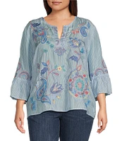JOHNNY WAS Plus Size Neilly Silk Barine Stripe Split V-Neck 3/4 Ruffle Bell Sleeve Blouse