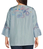 JOHNNY WAS Plus Size Neilly Silk Barine Stripe Split V-Neck 3/4 Ruffle Bell Sleeve Blouse