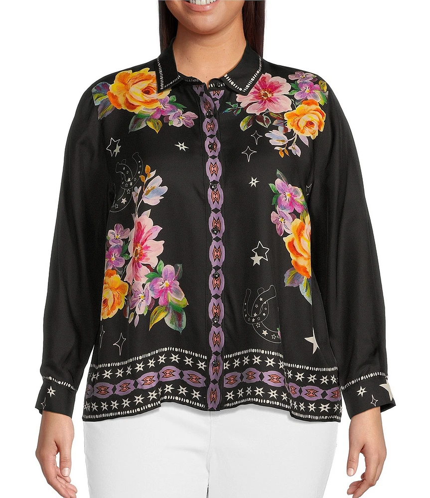 JOHNNY WAS Plus Size Placement Floral and Border Print Point Collar Long Sleeve Button Front Shirt