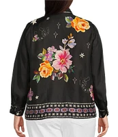 JOHNNY WAS Plus Size Placement Floral and Border Print Point Collar Long Sleeve Button Front Shirt