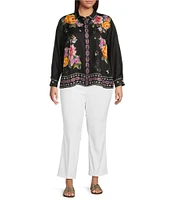 JOHNNY WAS Plus Size Placement Floral and Border Print Point Collar Long Sleeve Button Front Shirt