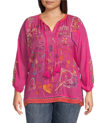 JOHNNY WAS Plus Size Selina Split V-Neck Long Sleeve Embroidered Blouse