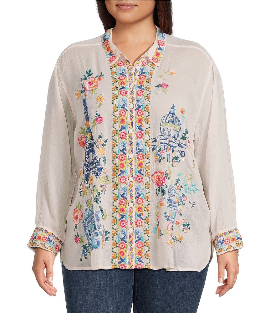 JOHNNY WAS Plus Size Sydnee Woven Embroidered Point Collar Long Sleeve Button Front Blouse
