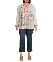 JOHNNY WAS Plus Size Sydnee Woven Embroidered Point Collar Long Sleeve Button Front Blouse