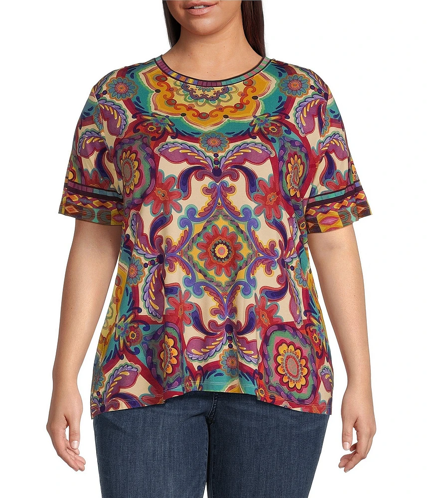 JOHNNY WAS Plus Size The Janie Favorite Bamboo Knit Mcanna Scarf Print Crew Neck Short Sleeve Tee