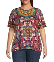 JOHNNY WAS Plus Size The Janie Favorite Bamboo Knit Mcanna Scarf Print Crew Neck Short Sleeve Tee