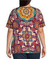 JOHNNY WAS Plus Size The Janie Favorite Bamboo Knit Mcanna Scarf Print Crew Neck Short Sleeve Tee