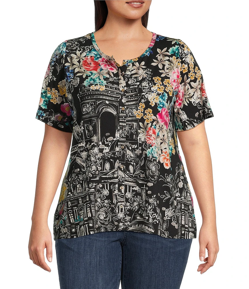 JOHNNY WAS Plus Size The Janie Favorite Floral & Architecture Print Knit Round Neck Short Elbow Sleeve Button Front Tee