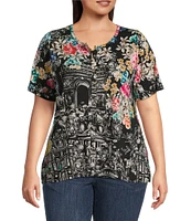 JOHNNY WAS Plus Size The Janie Favorite Floral & Architecture Print Knit Round Neck Short Elbow Sleeve Button Front Tee