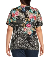 JOHNNY WAS Plus Size The Janie Favorite Floral & Architecture Print Knit Round Neck Short Elbow Sleeve Button Front Tee