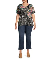 JOHNNY WAS Plus Size The Janie Favorite Floral & Architecture Print Knit Round Neck Short Elbow Sleeve Button Front Tee