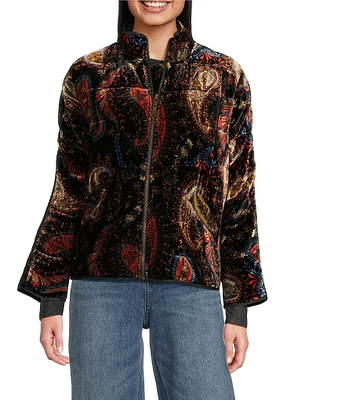 JOHNNY WAS Quilted Velvet Printed Stand Collar Long Dolman Sleeve Pocketed Jacket