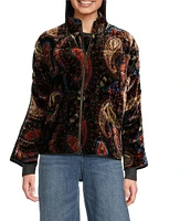 JOHNNY WAS Quilted Velvet Printed Stand Collar Long Dolman Sleeve Pocketed Jacket