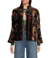 JOHNNY WAS Quilted Velvet Printed Stand Collar Long Dolman Sleeve Pocketed Jacket