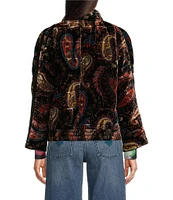 JOHNNY WAS Quilted Velvet Printed Stand Collar Long Dolman Sleeve Pocketed Jacket