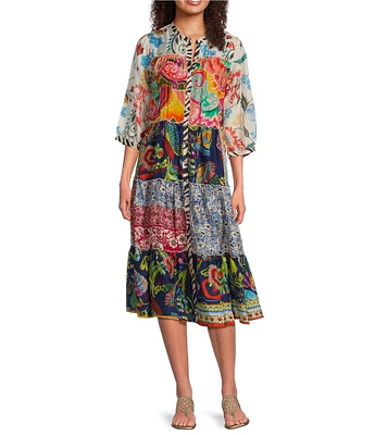 JOHNNY WAS Regia Silk Patchwork Boho Print Split V-Neck 3/4 Sleeve Button Front Tiered Midi Dress