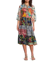JOHNNY WAS Regia Silk Patchwork Boho Print Split V-Neck 3/4 Sleeve Button Front Tiered Midi Dress