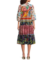 JOHNNY WAS Regia Silk Patchwork Boho Print Split V-Neck 3/4 Sleeve Button Front Tiered Midi Dress