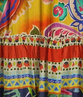 JOHNNY WAS Regia Silk Patchwork Boho Print Split V-Neck 3/4 Sleeve Button Front Tiered Midi Dress