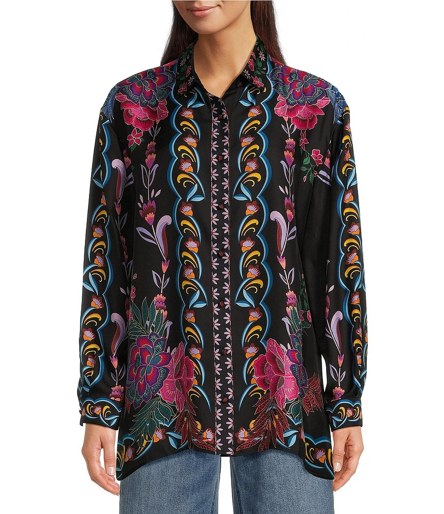 JOHNNY WAS Rosalynda Exotic Floral Placement Print Silk-Blend Point Collar Long Sleeve Button Front Blouse