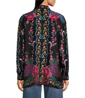 JOHNNY WAS Rosalynda Exotic Floral Placement Print Silk-Blend Point Collar Long Sleeve Button Front Blouse