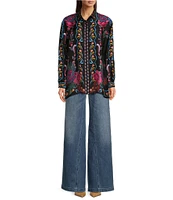 JOHNNY WAS Rosalynda Exotic Floral Placement Print Silk-Blend Point Collar Long Sleeve Button Front Blouse