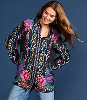 JOHNNY WAS Rosalynda Exotic Floral Placement Print Silk-Blend Point Collar Long Sleeve Button Front Blouse