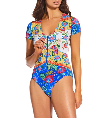 JOHNNY WAS Rumba Short Sleeve V-neck One Piece Swimsuit