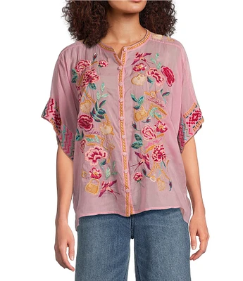 JOHNNY WAS Roylane Embroidered Placement Floral Mandarin Collar 3/4 Kimono Sleeve Blouse