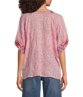 JOHNNY WAS Roylane Embroidered Placement Floral Mandarin Collar 3/4 Kimono Sleeve Blouse