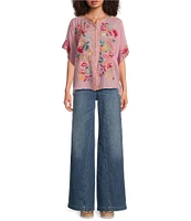 JOHNNY WAS Roylane Embroidered Placement Floral Mandarin Collar 3/4 Kimono Sleeve Blouse