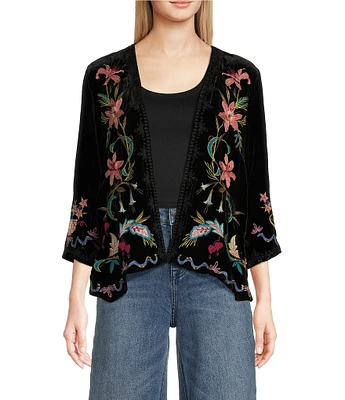 JOHNNY WAS Silk-Blend Floral Embroidered Velvet 3/4 Sleeve Open Front Cropped Bolero