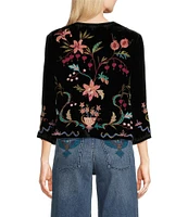 JOHNNY WAS Silk-Blend Floral Embroidered Velvet 3/4 Sleeve Open Front Cropped Bolero