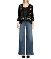 JOHNNY WAS Silk-Blend Floral Embroidered Velvet 3/4 Sleeve Open Front Cropped Bolero