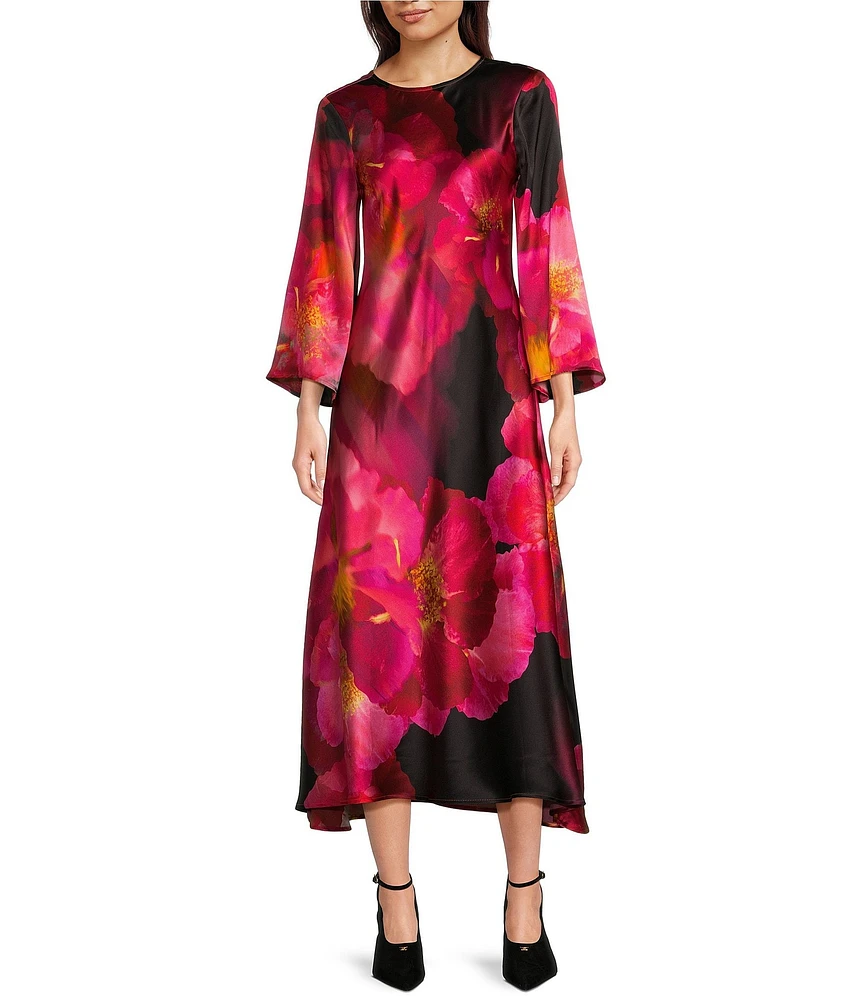 JOHNNY WAS Silk Floral Bloom Placement Print Round Neck 3/4 Flared Sleeve A-Line Midi Dress