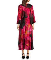 JOHNNY WAS Silk Floral Bloom Placement Print Round Neck 3/4 Flared Sleeve A-Line Midi Dress