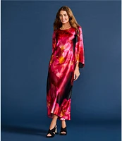 JOHNNY WAS Silk Floral Bloom Placement Print Round Neck 3/4 Flared Sleeve A-Line Midi Dress