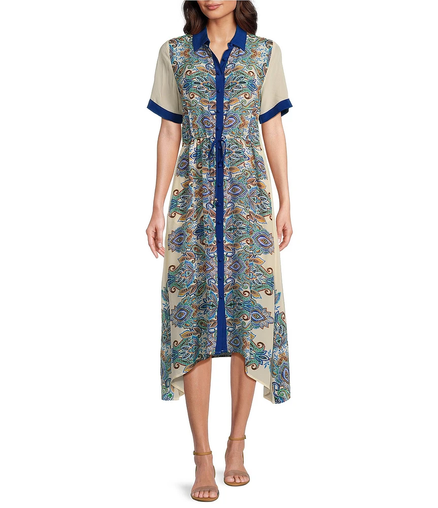 JOHNNY WAS Silk Paisley Spread Collar Short Sleeve Contrast Trim Button Front Handkerchief Shirt Dress