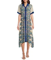 JOHNNY WAS Silk Paisley Spread Collar Short Sleeve Contrast Trim Button Front Handkerchief Shirt Dress